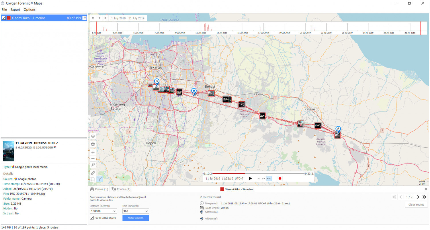 Oxygen Forensic Maps menampilkan rute perjalanan dari perangkat mobile yang diekstrak